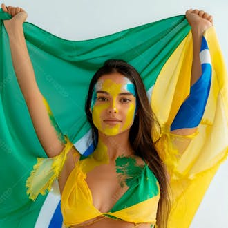 Imagem de uma linda mulher com pintura no rosto e segurando a bandeira do brasil 22
