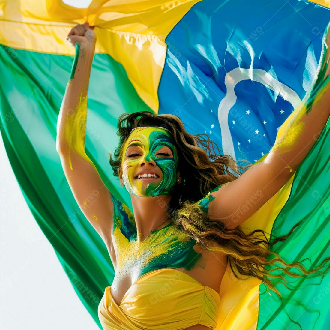 Mulher com pintura facial verde e amarela segurando bandeira brasileira