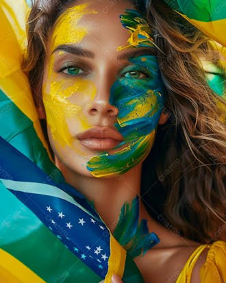 Imagem de uma linda mulher com pintura no rosto e segurando a bandeira do brasil 24