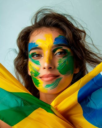Imagem de uma linda mulher com pintura no rosto e segurando a bandeira do brasil 26