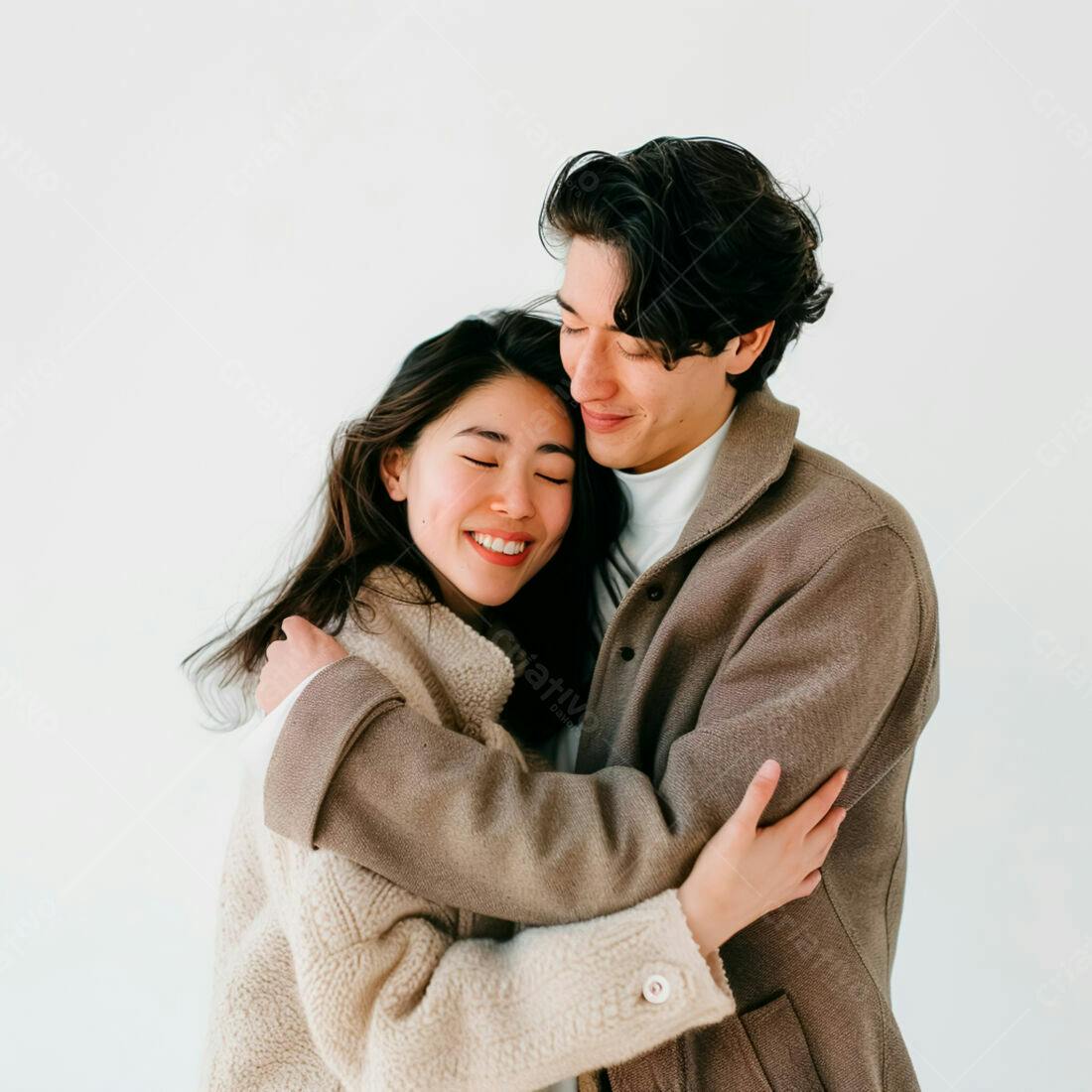 Casal asiático abraçado fundo branco