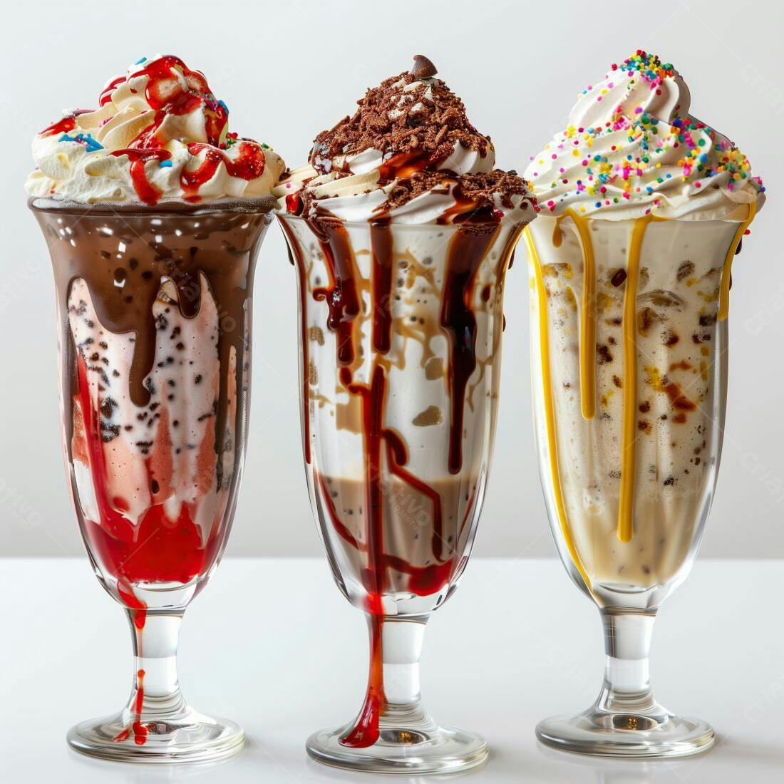 Três Sundaes de sorvete gourmet com cobertura