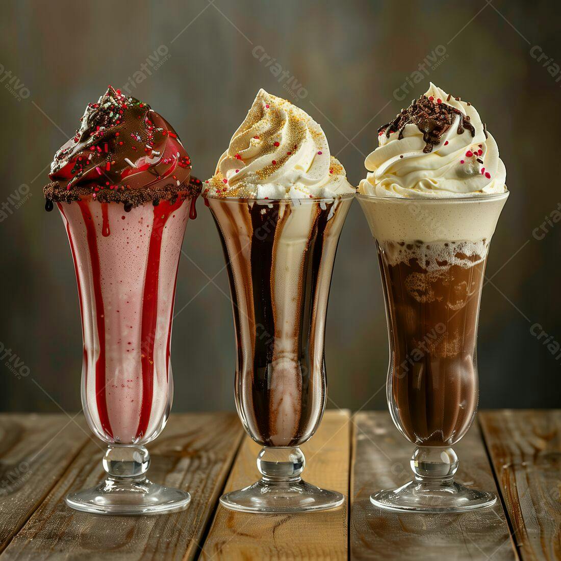 Três milk shakes deliciosos em copos de vidro