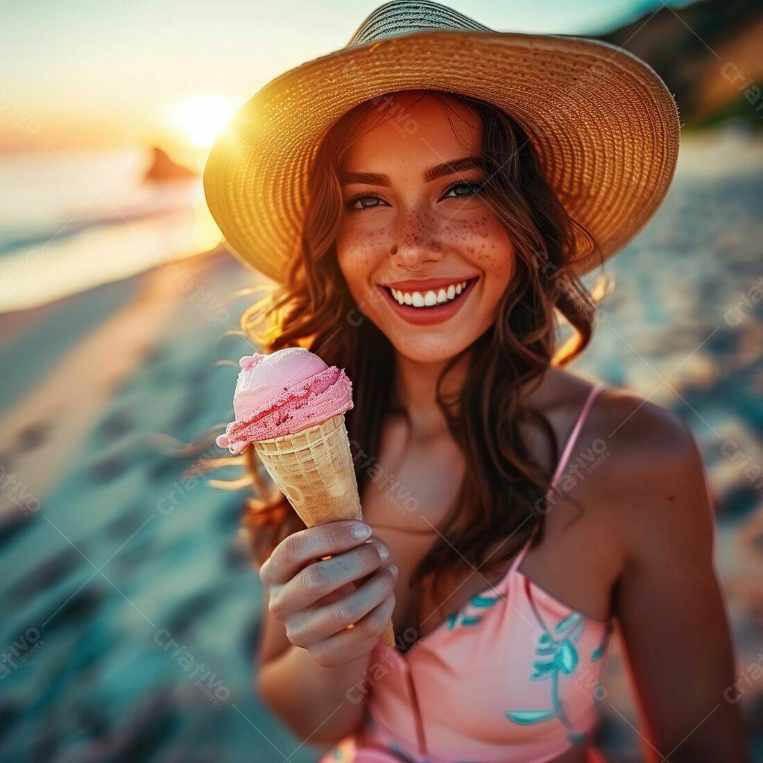 Sorvete rosa na praia ao entardecer