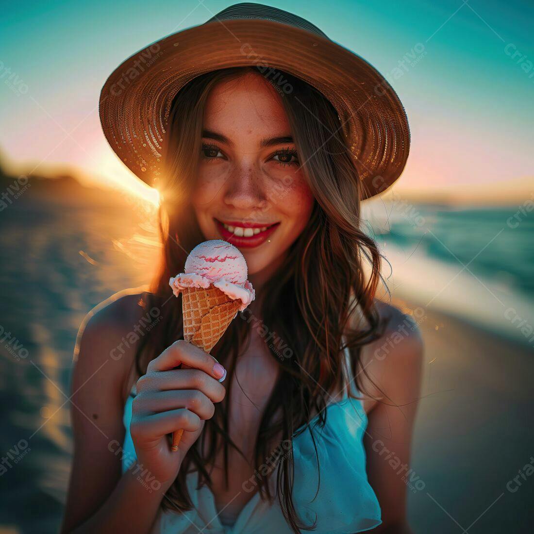Moça com sorvete na praia ao pôr do sol