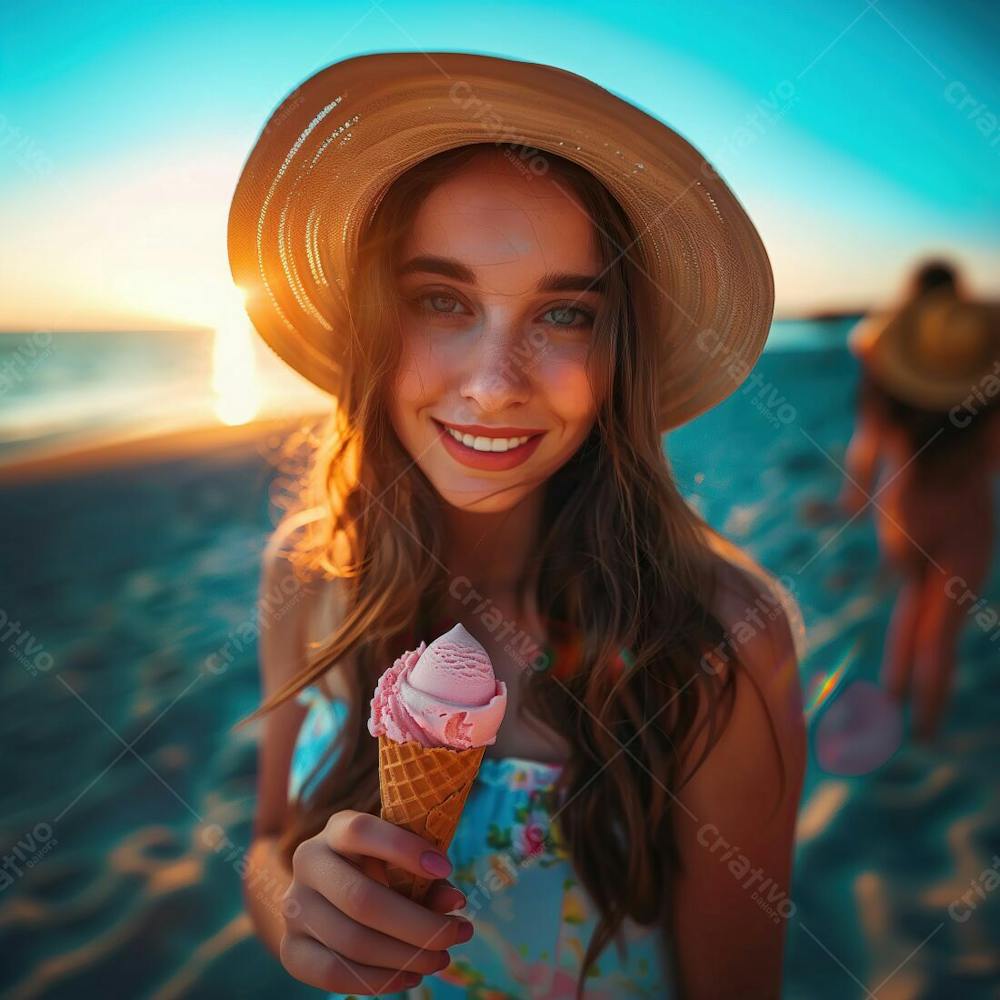 Mulher Na Praia Chupando Sorvete Edit
