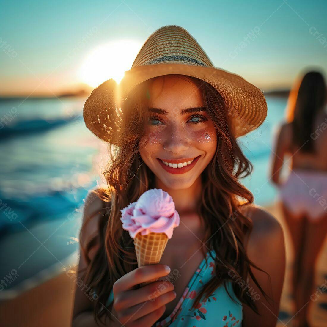 Mulher com sorvete na praia ao entardecer