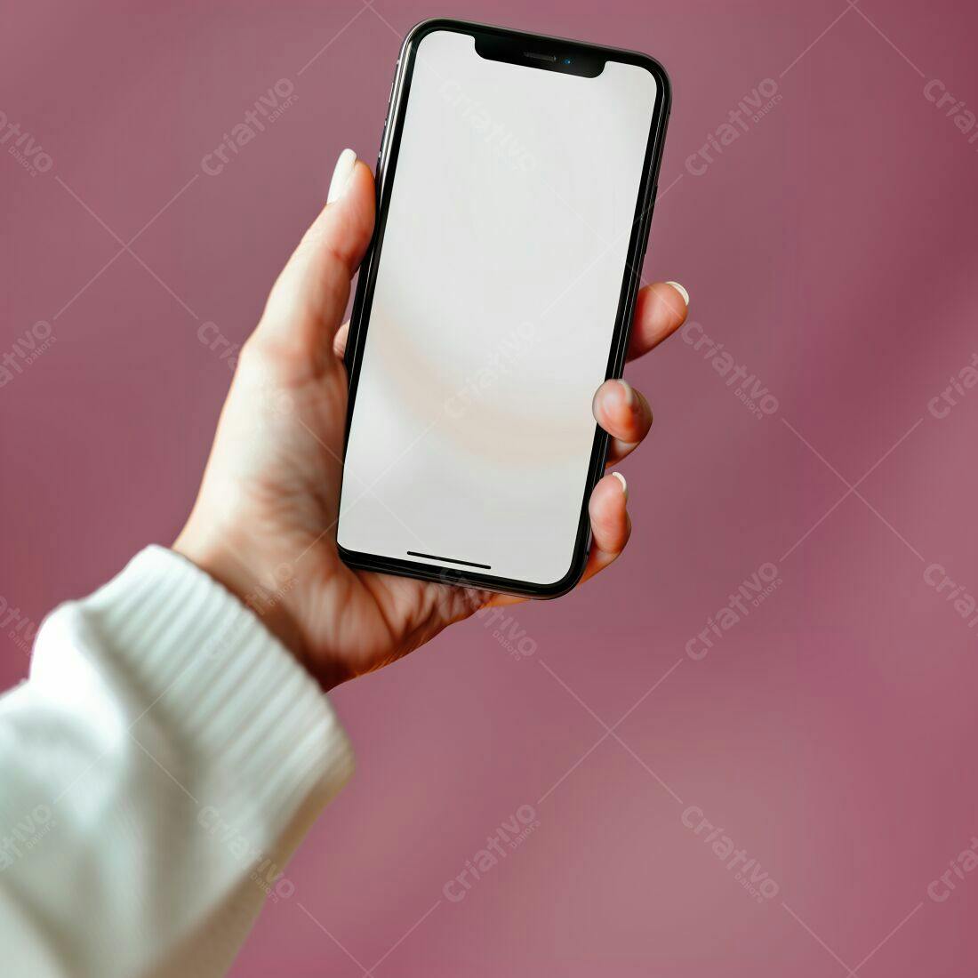 Mão segurando smartphone tela branca fundo rosa