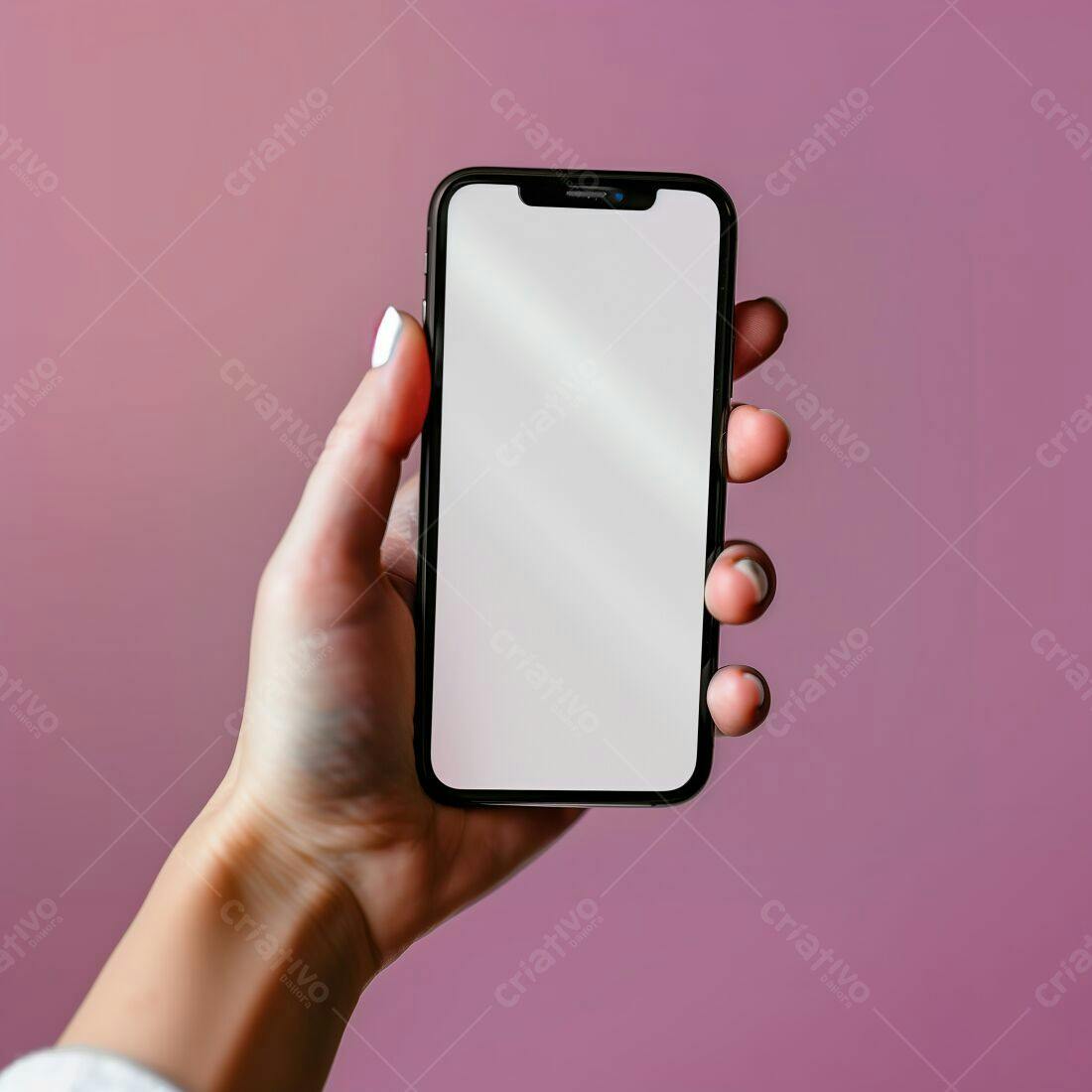 Mão segurando smartphone tela branca fundo rosa