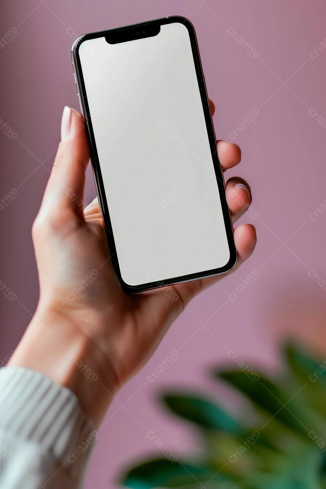 Mão segurando smartphone tela branca
