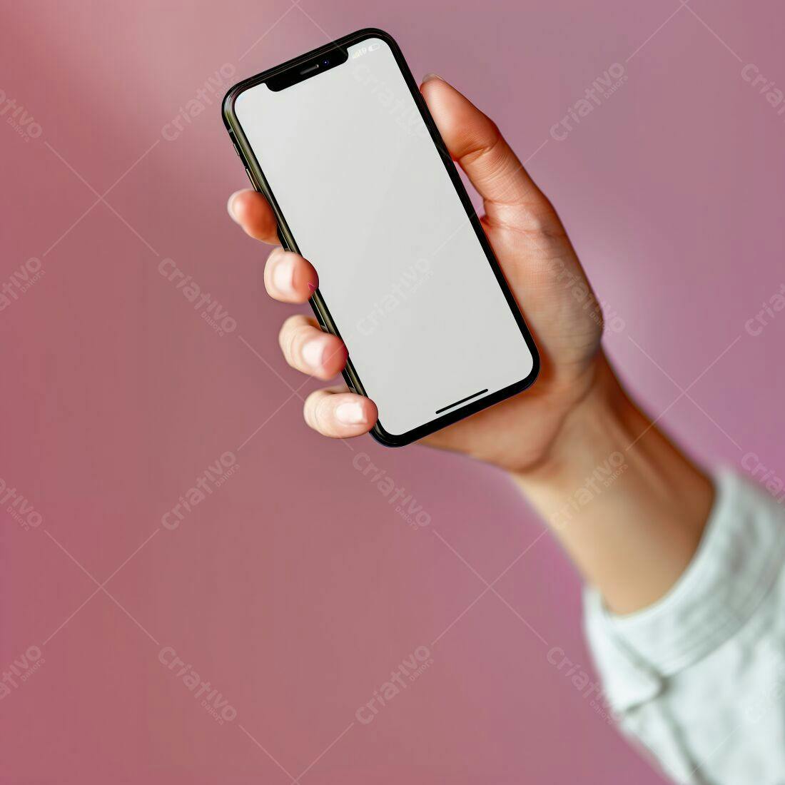 Mão segurando smartphone tela branca fundo rosa