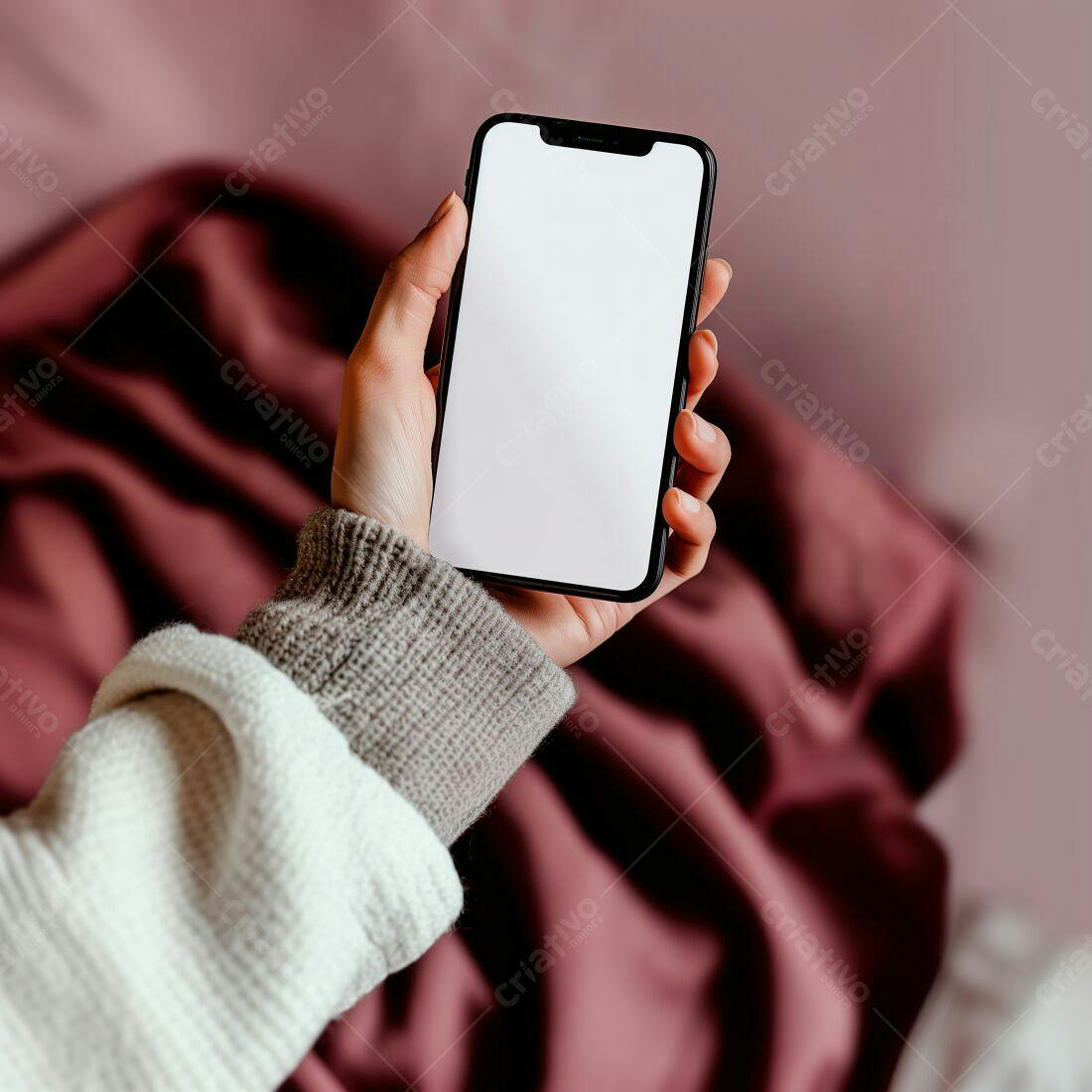 Mão segurando celular com tela branca em fundo rosa