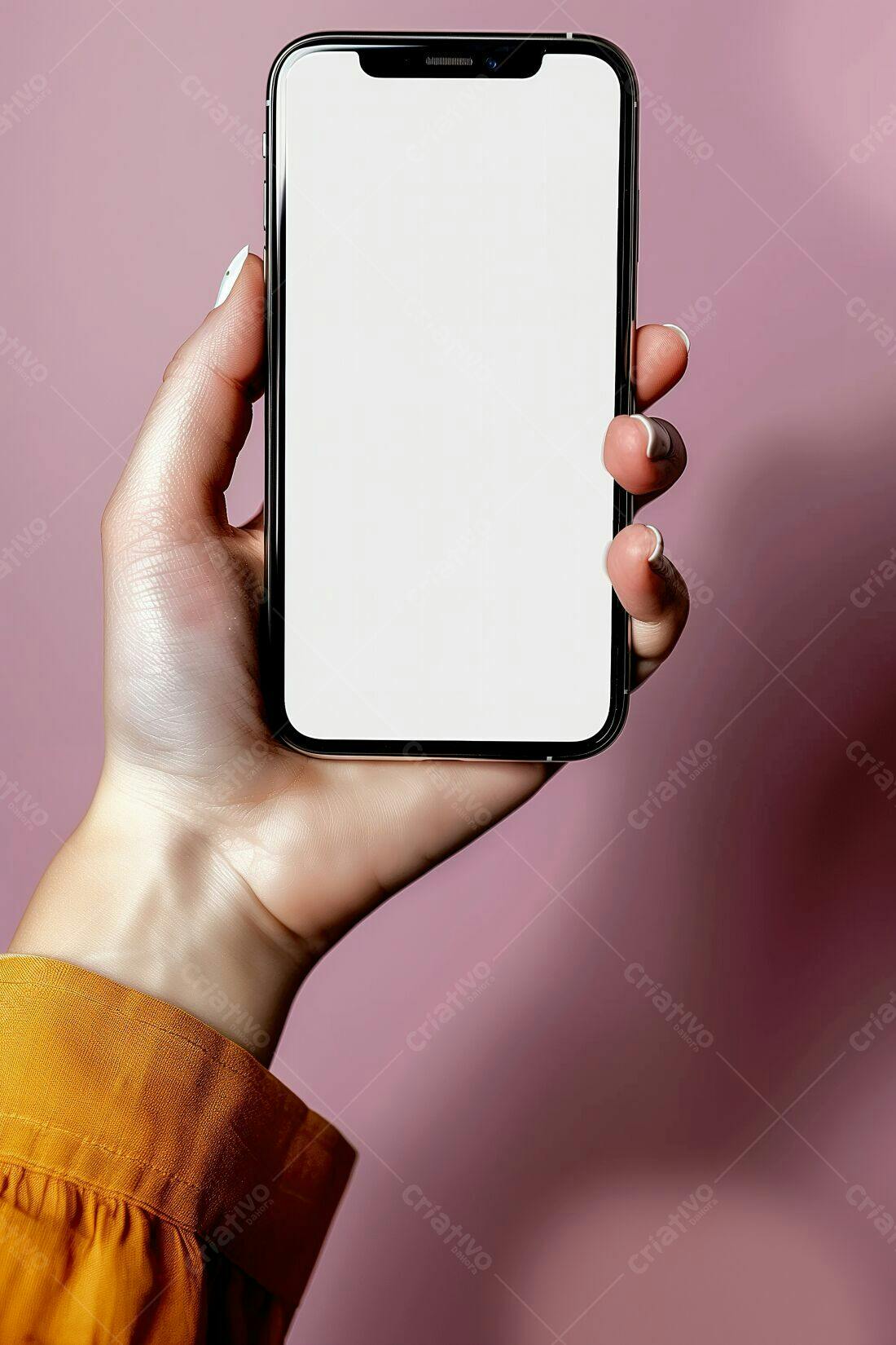 Mão segurando smartphone tela branca fundo rosa