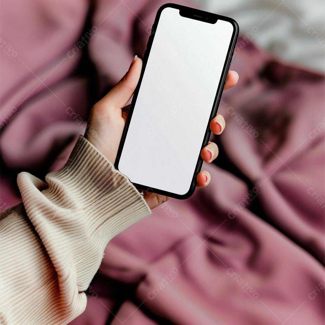 Mão segurando celular com tela branca fundo rosa