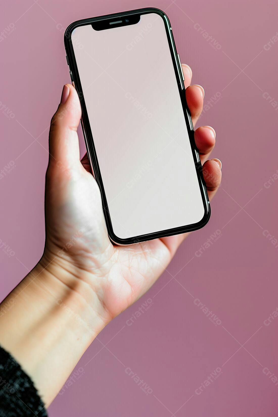 Mão segurando smartphone tela branca fundo rosa