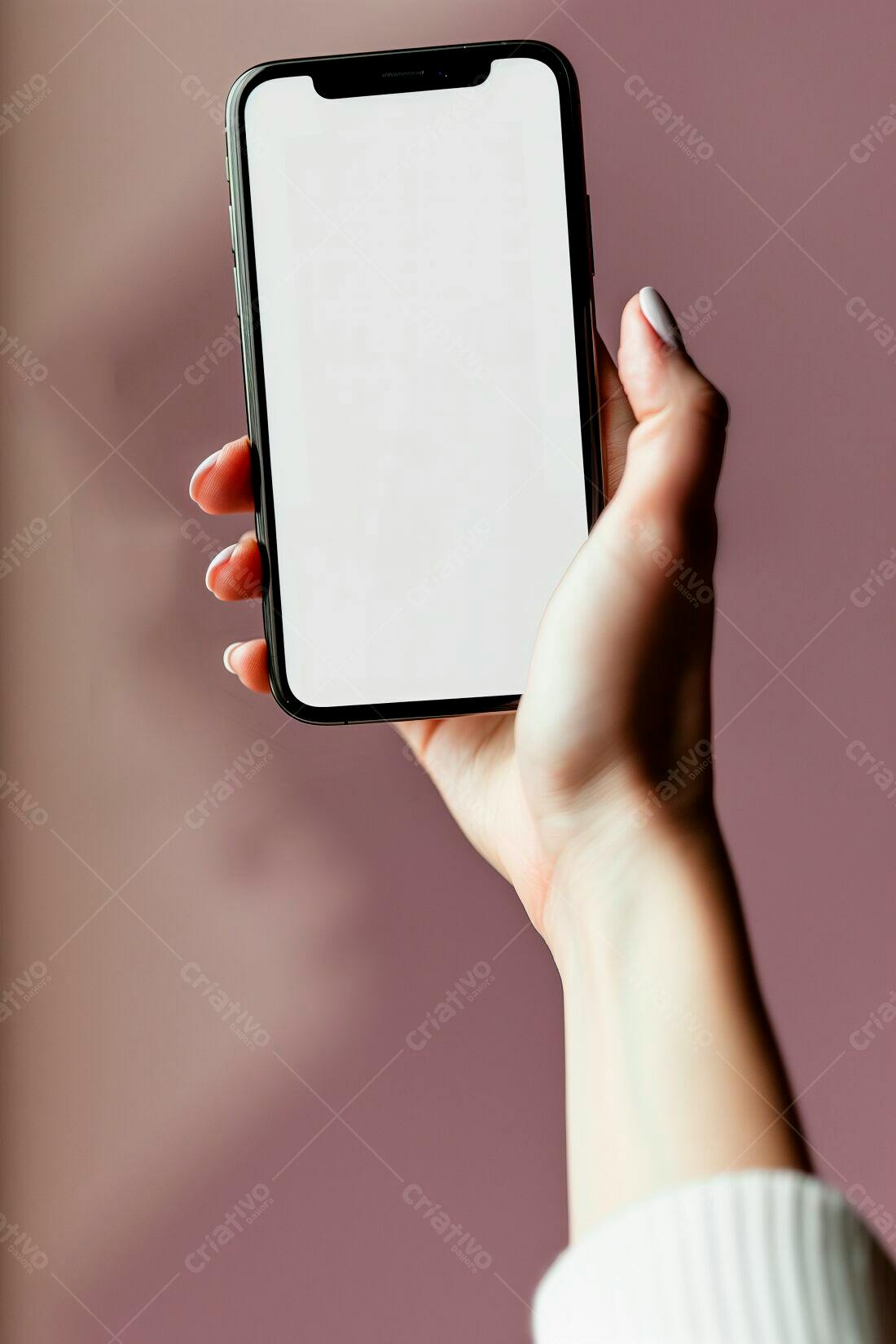 Mão segurando smartphone tela branca