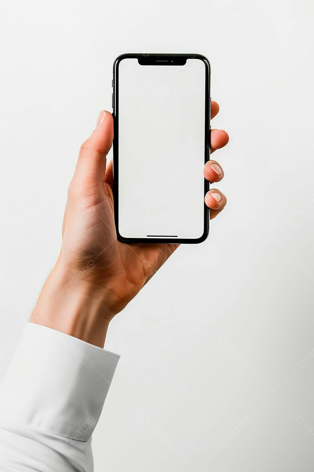 Mão segurando smartphone tela branca