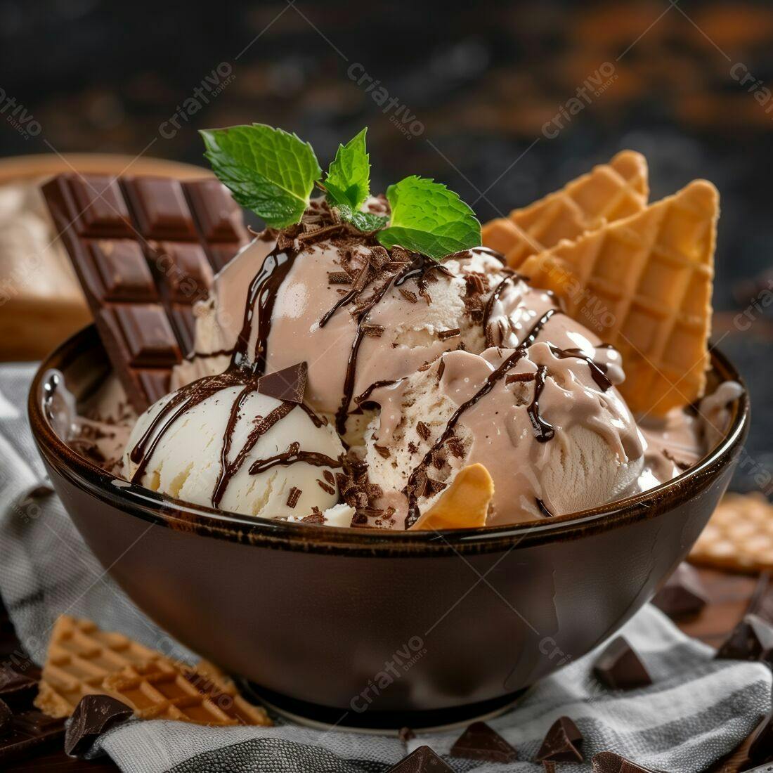 Sorvete de baunilha e chocolate com biscoitos