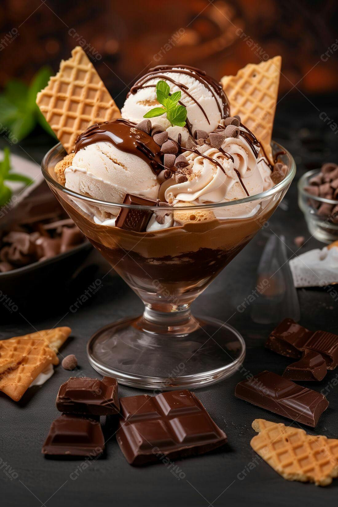 Sobremesa de sorvete com chocolate e bolachas