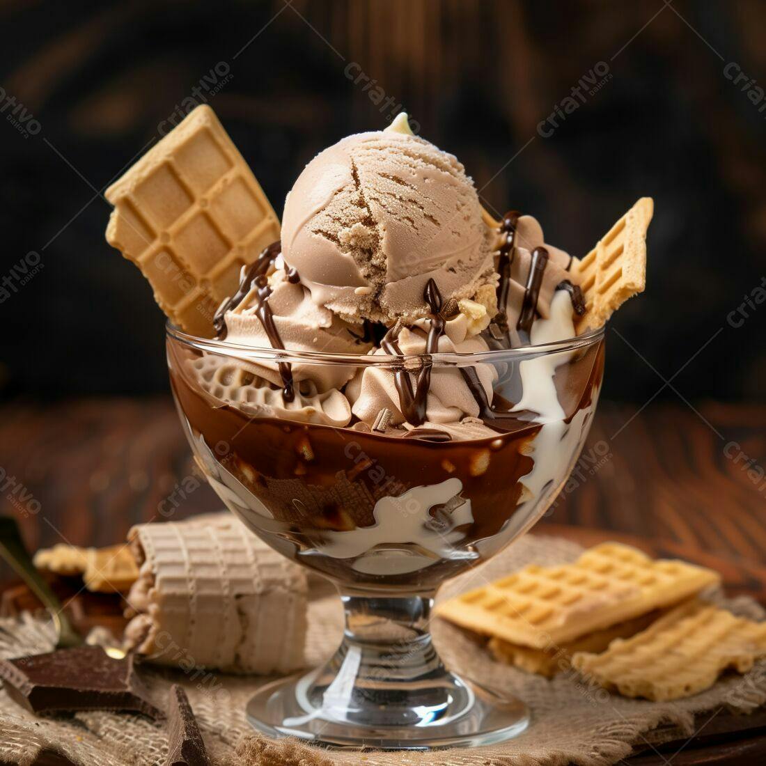 Sobremesa de sorvete com calda de chocolate e wafer