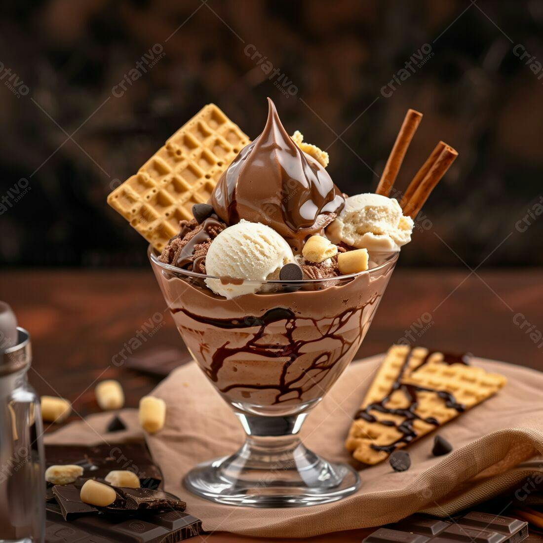 Sobremesa de sorvete de chocolate com waffle
