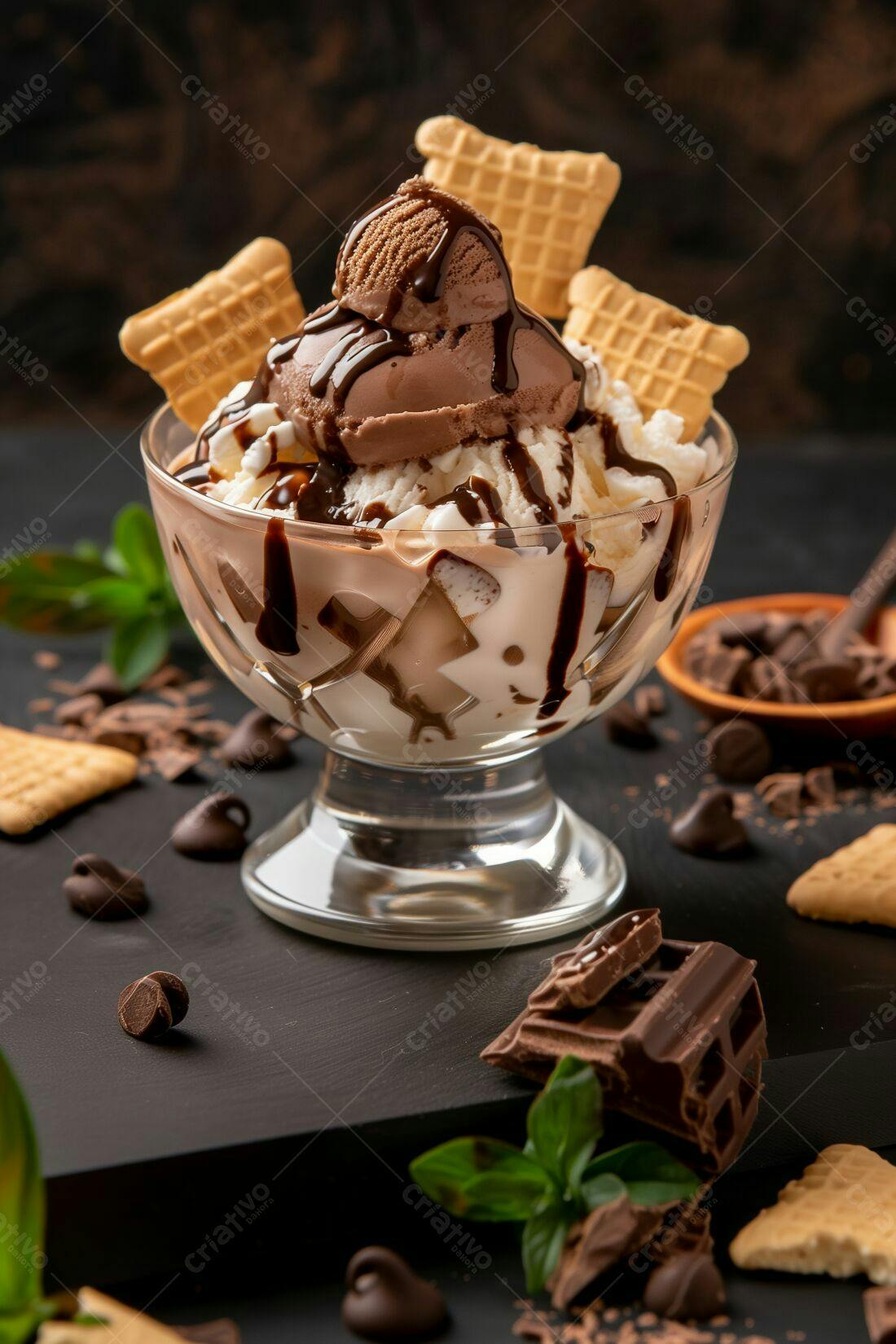 Sobremesa de sorvete de chocolate com biscoitos
