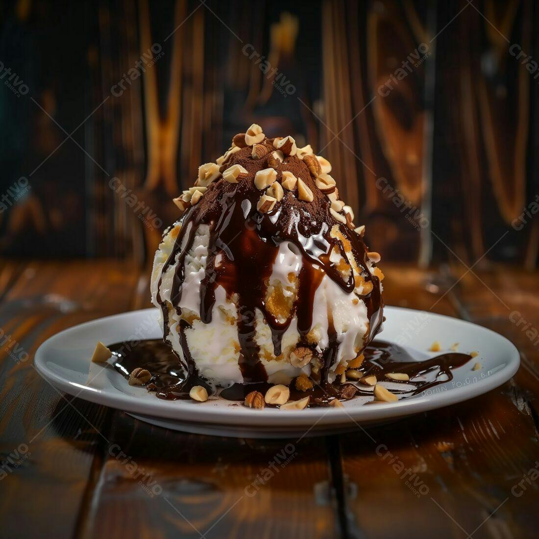 Sorvete com calda de chocolate e avelãs