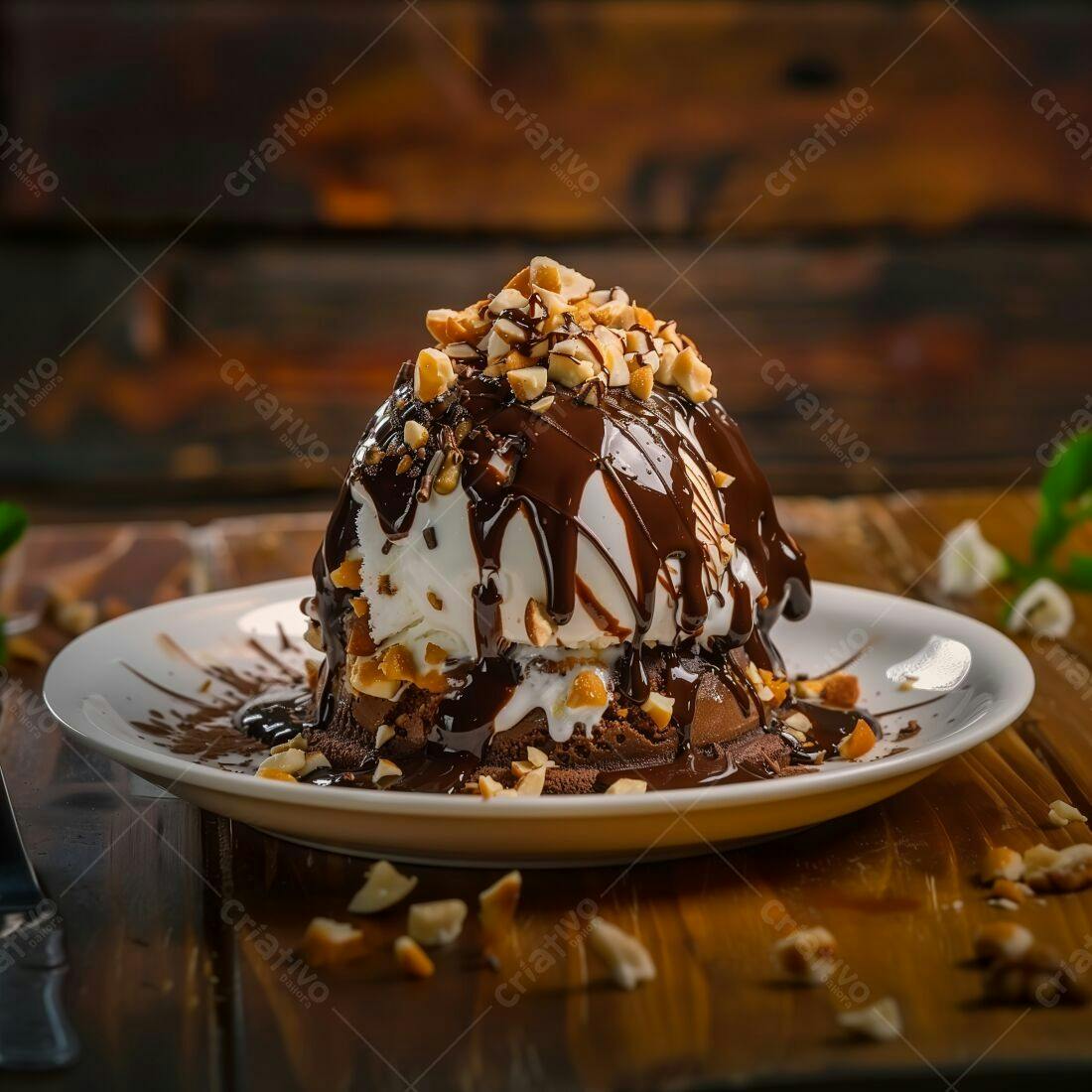 Sobremesa de sorvete com calda de chocolate e castanhas