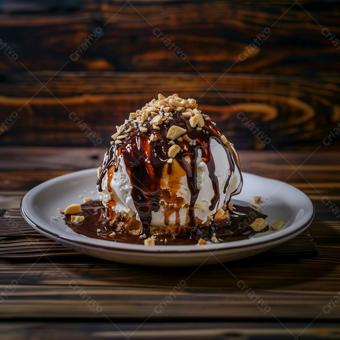 Sorvete de baunilha com calda de chocolate e amendoim