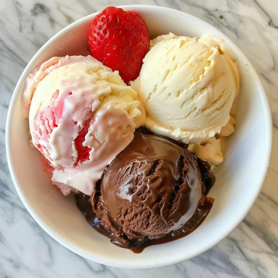 Sorvete triplo com morango e calda de chocolate