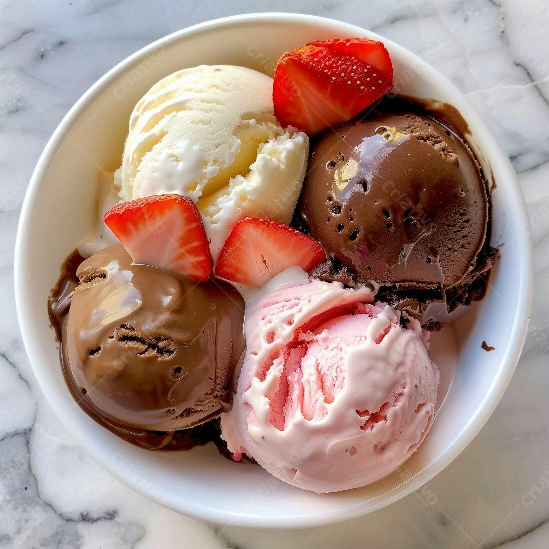 Sorvete triplo com morangos e calda de chocolate