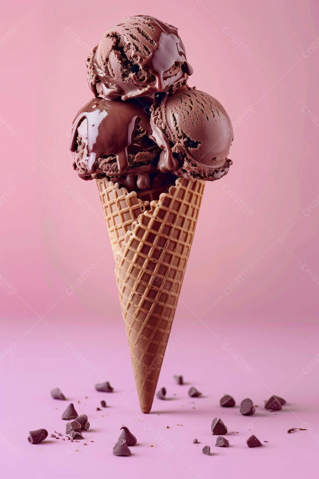 Sorvete de chocolate derretido em casquinho