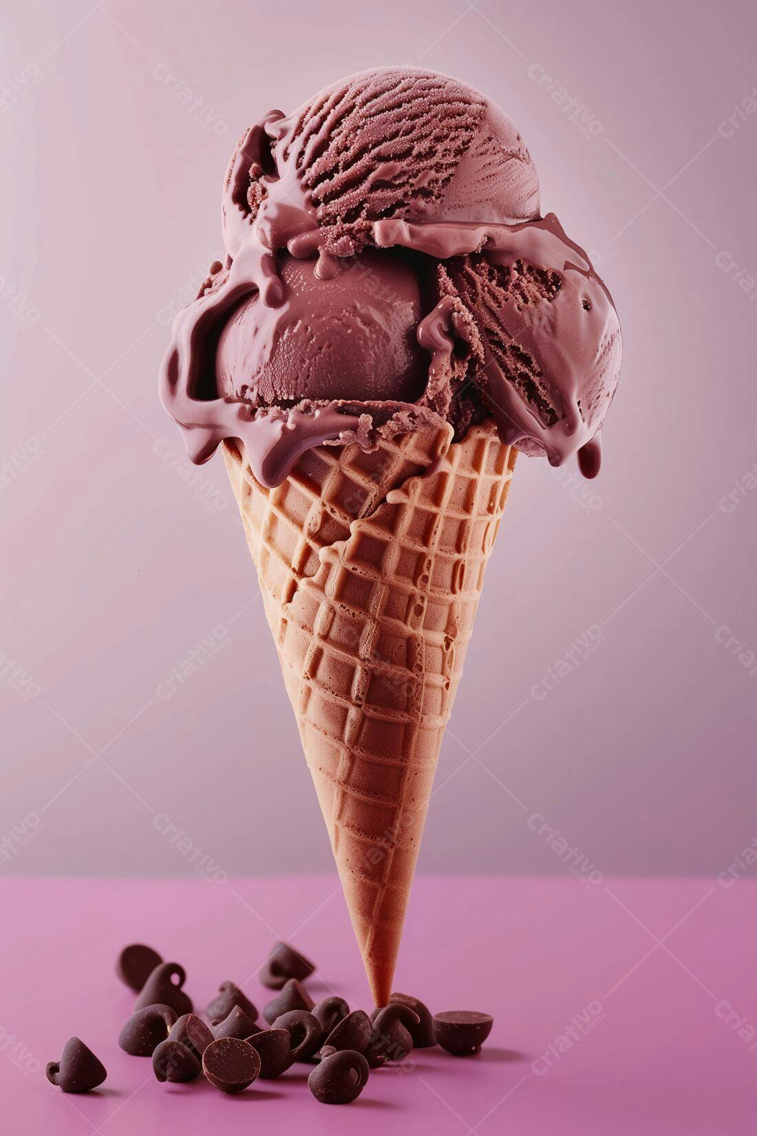 Sorvete de chocolate derretendo em casquinha