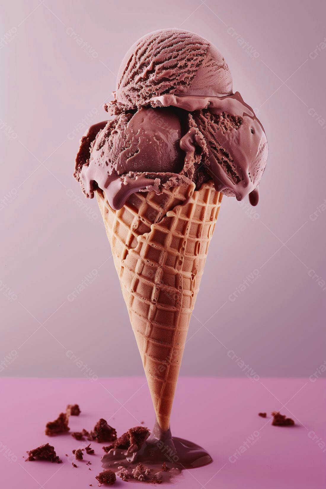 Sorvete de chocolate derretendo em casquinha
