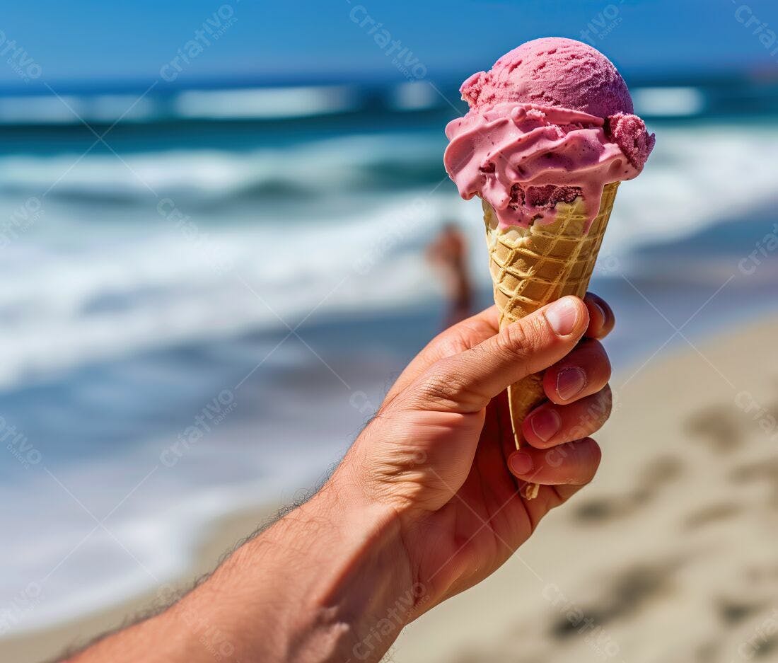 Sorvete de morango na praia