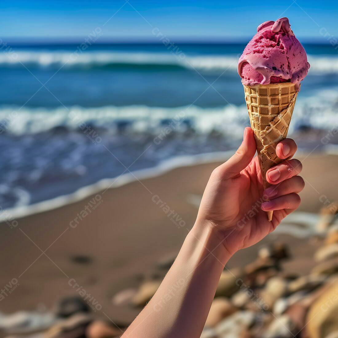Sorvete de framboesa na praia ensolarada