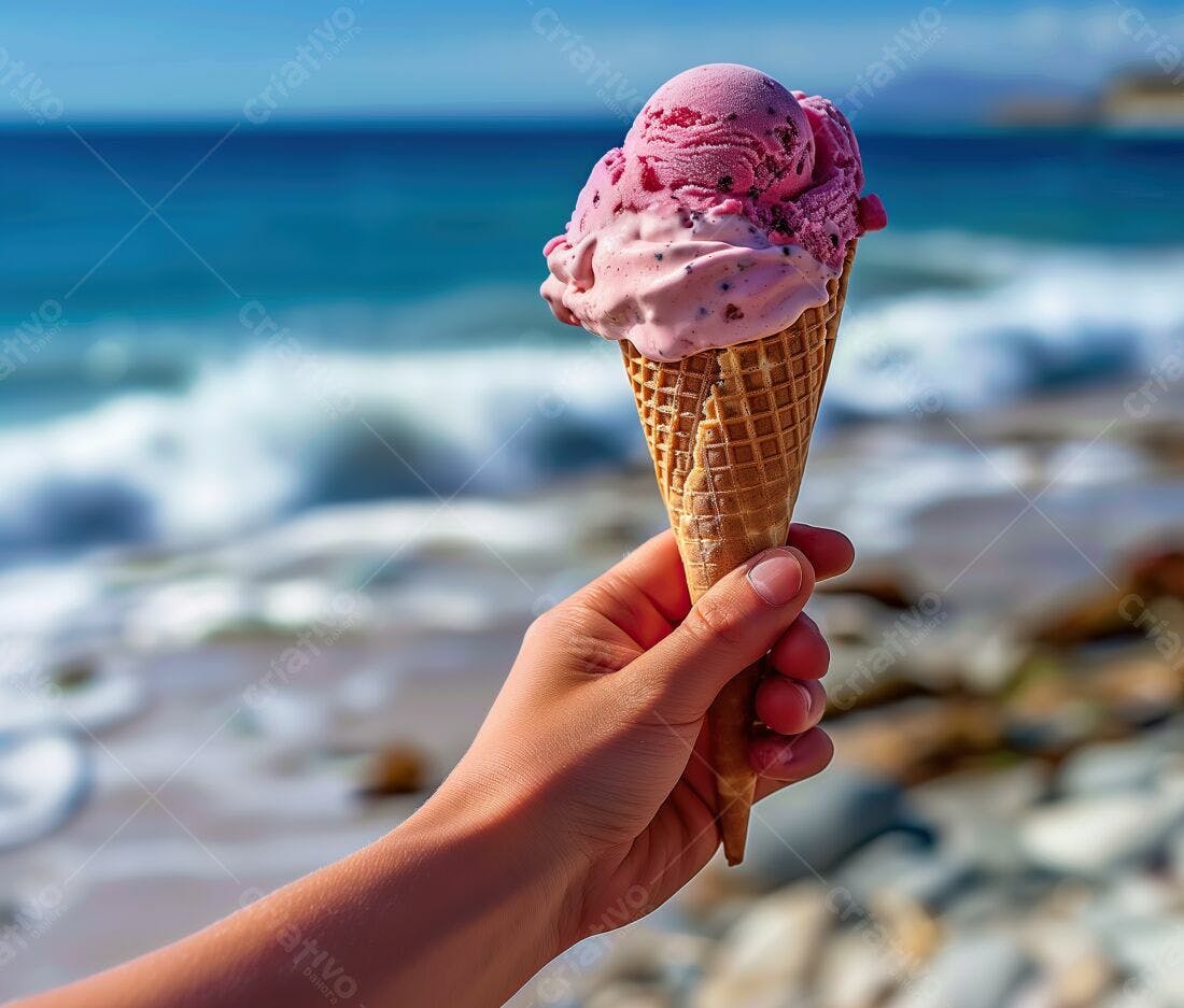 Sorvete de morango na praia ensolarada