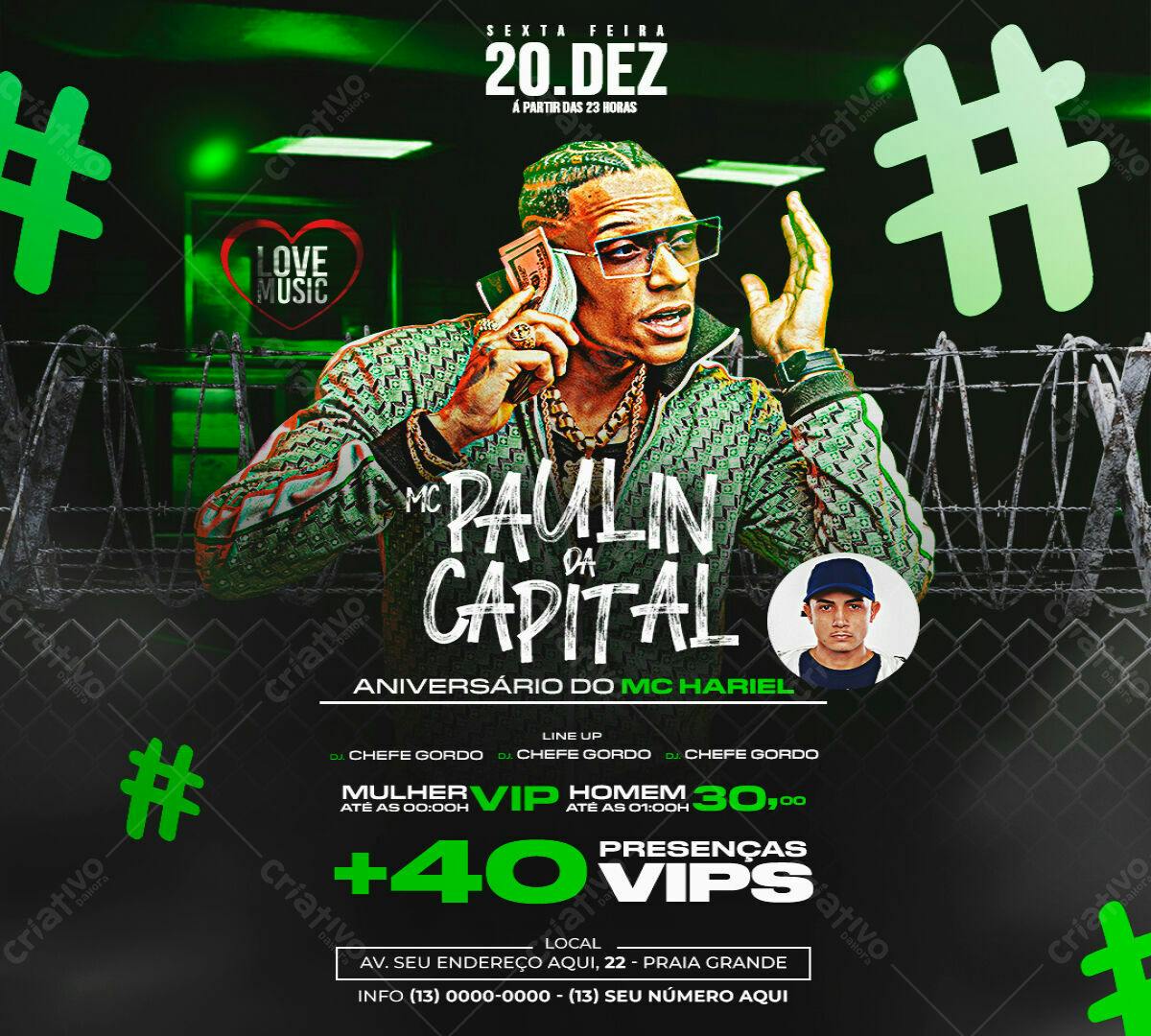 Flyer Festa de Aniversário MC Hariel com MC Paulin da Capital PSD Editável
