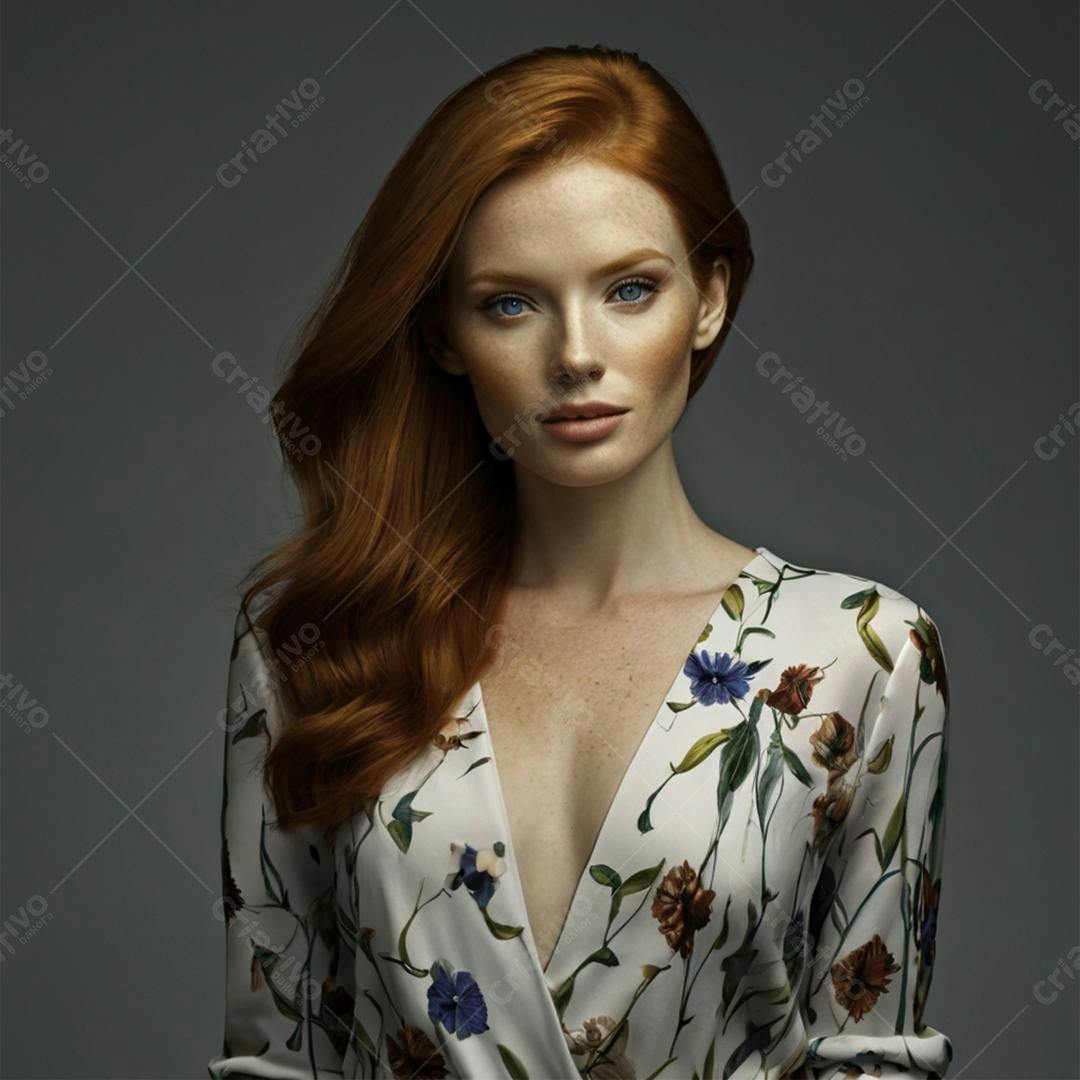 Mulher ruiva em vestido floral fundo cinza