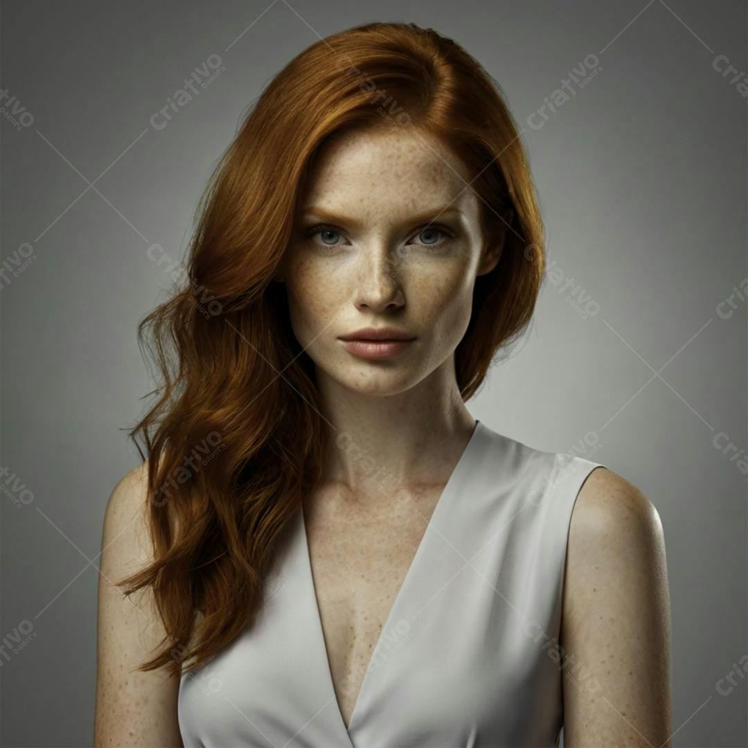 Mulher ruiva com sardas usando vestido cinza