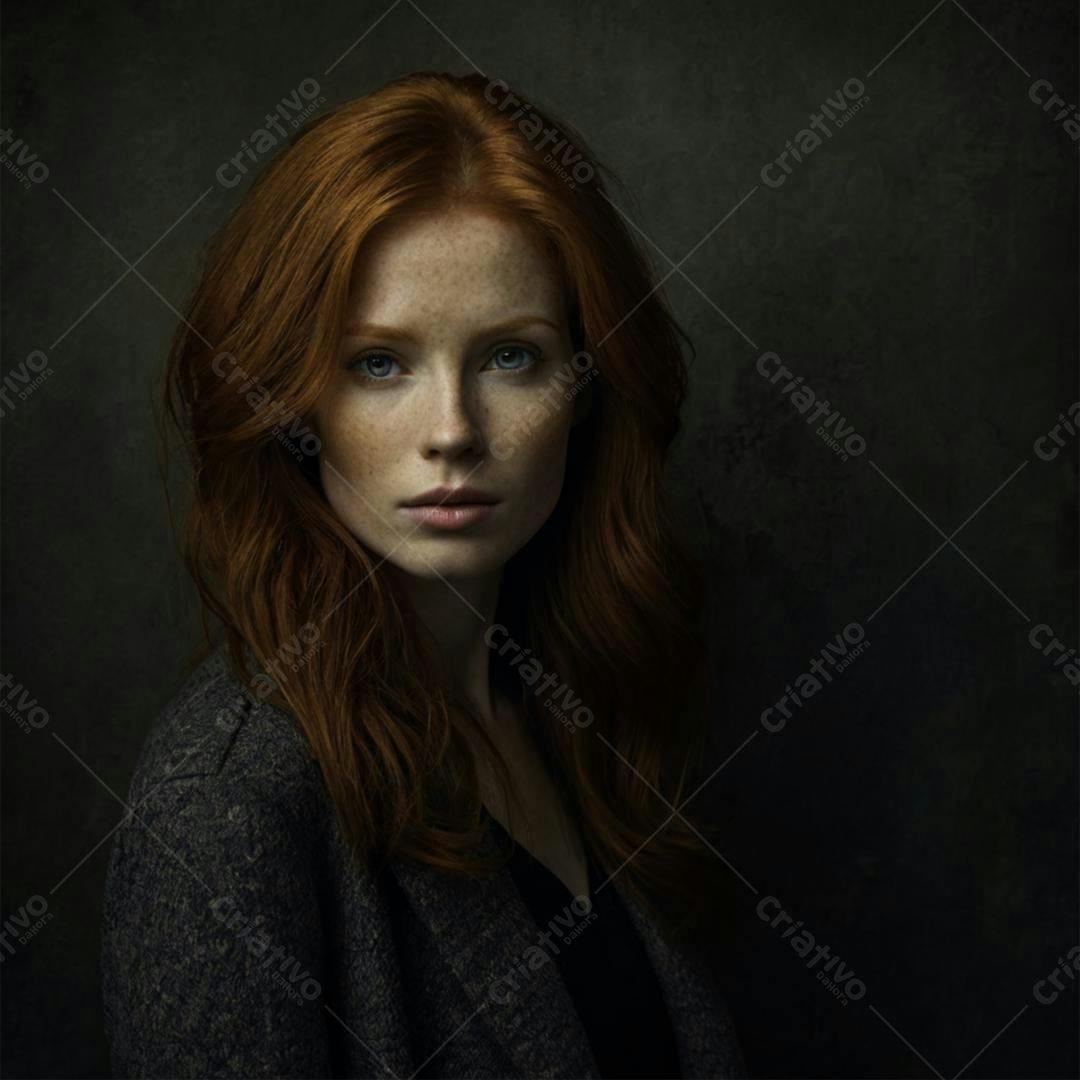 Retrato feminino ruivo fundo escuro