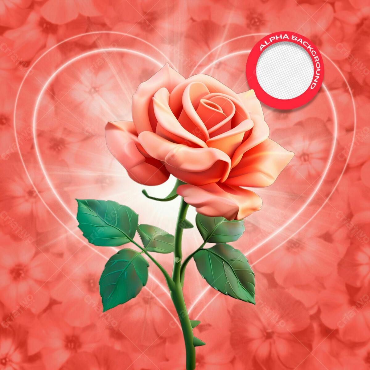 PSD Romântico com Rosa Coral e Coração PSD Editável