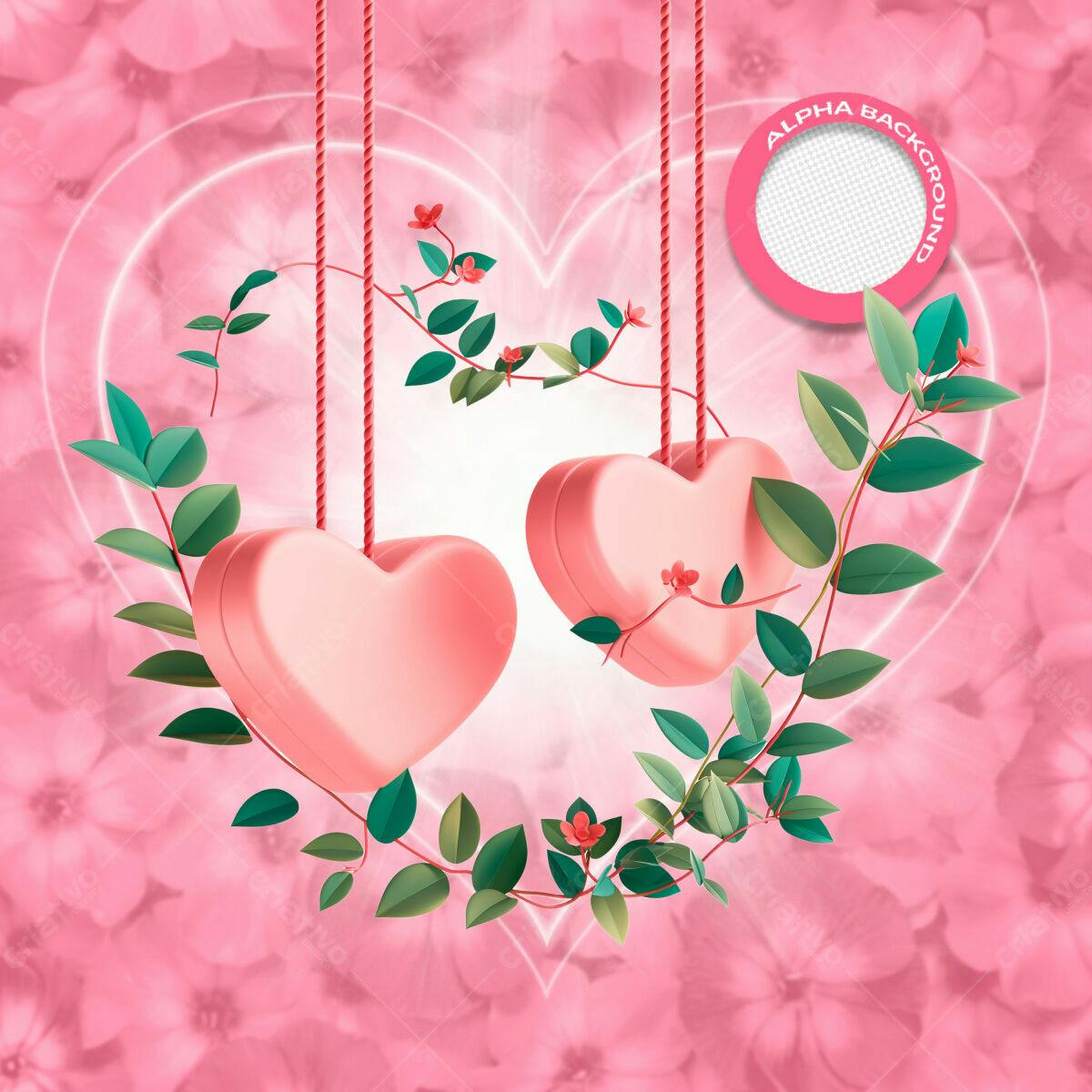 PSD para Dia dos Namorados com Corações e Folhagem Rosa