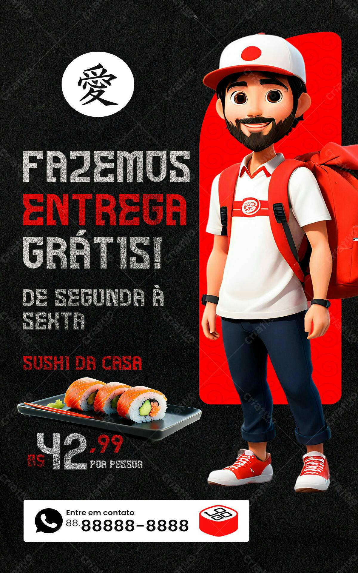 Flyer para Promoção de Sushi com Entrega Grátis PSD Editável