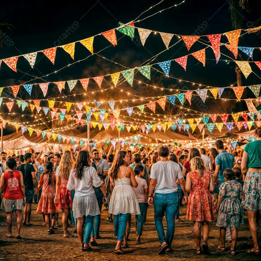 Multidão em festival noturno com bandeirinhas coloridas