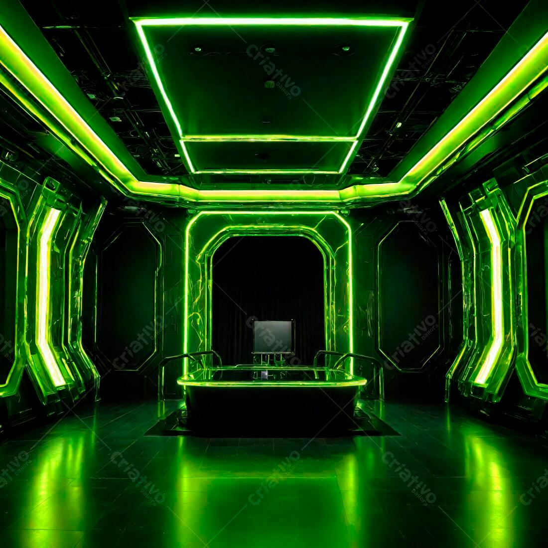 Ambiente futurista com iluminação verde