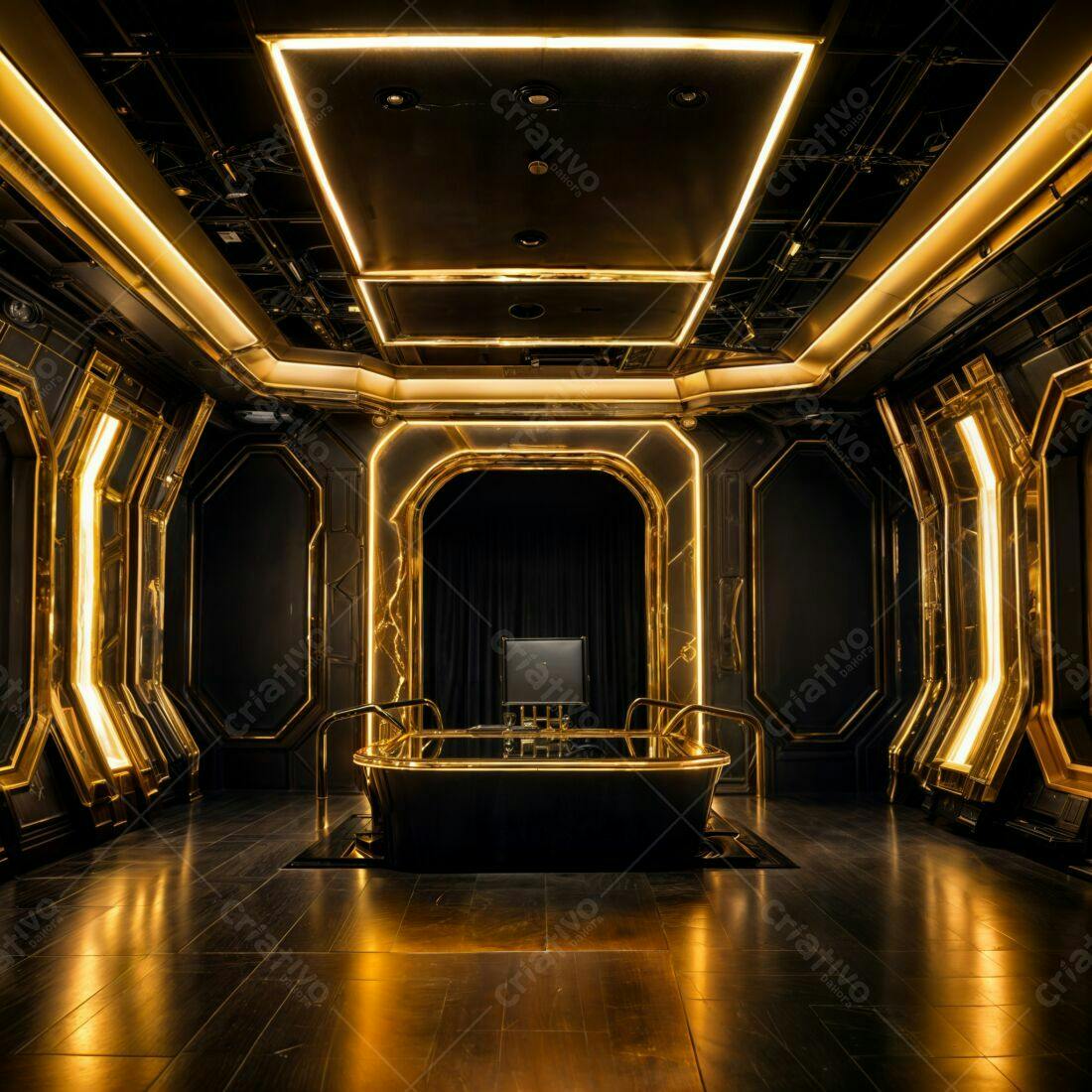 Sala de luxo com banheira e iluminação dourada
