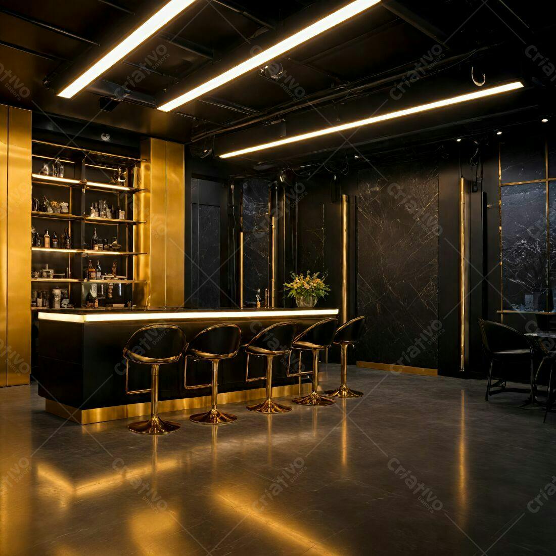 Bar moderno preto e dourado sofisticado