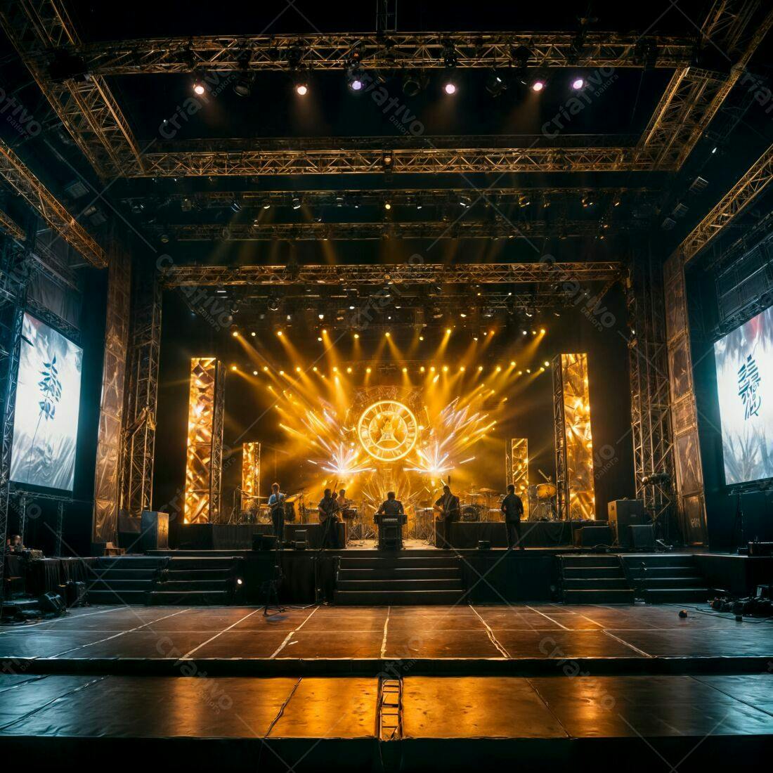 Banda tocando em palco iluminado com tons dourados