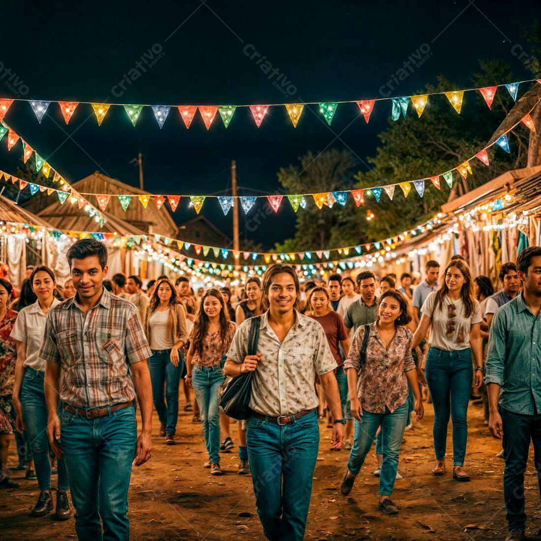 Jovens caminhando em feira noturna iluminada